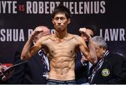 27 October 2017; Sho Ishida weighs in, at the Motorpoint Arena, ahead of his bout on the undercard of Anthony Joshua v Carlos Takam, on October 28, at Principality Stadium in Cardiff, Wales. Photo by Stephen McCarthy/Sportsfile