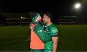 27 October 2017; Connacht's Bundee Aki and assistant coach Nigel Carolan celebrate following the Guinness PRO14 Round 7 match between Connacht and Munster at the Sportsground in Galway. Photo by Ramsey Cardy/Sportsfile