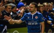 27 October 2017; Conan Byrne of St Patrick's Athletic celebrates with supporters after the SSE Airtricity League Premier Division match between Derry City and St Patrick's Athletic at Maginn Park, in Buncrana, Co. Donegal. Photo by Oliver McVeigh/Sportsfile