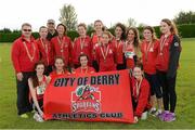19 August 2012; President of Athletics Ireland Ciaran O Cathain with City of Derry AC, who came 2nd in the Women's Division One National League Track and Field Final. Woodie’s DIY National League Final, Tullamore Harriers Stadium, Tullamore, Co. Offaly. Photo by Sportsfile