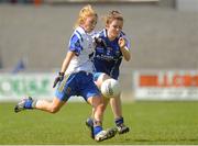 6 August 2012; Kayleigh Dunning, Roscommon, in action against Roisin Rouine, Clare. All-Ireland Ladies Football Minor B Championship Final, Clare v Roscommon, St. Brendan’s Park, Birr, Co. Offaly. Picture credit: Pat Murphy / SPORTSFILE