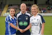 6 August 2012; Captains Tracey Lawlor, Laois, left, and Maria Moolick, Kildare, shake hands in front of referee Keith Delahunty. TG4 All-Ireland Ladies Football Senior Championship Qualifier Round 1, Kildare v Laois, St. Brendan’s Park, Birr, Co. Offaly. Picture credit: Pat Murphy / SPORTSFILE