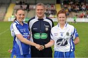 6 August 2012; Captains Roisin Looney, Clare, left, and Bronagh McHugh, Roscommon, shake hands in front of referee Des McEnery. All-Ireland Ladies Football Minor B Championship Final, Clare v Roscommon, St. Brendan’s Park, Birr, Co. Offaly. Picture credit: Pat Murphy / SPORTSFILE
