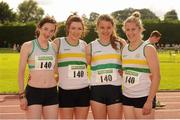19 August 2012; Athletes, from left, Nessa Millet, Sinead O'Gorman, Niamh Quinn and Alison Miller, St. Abbans AC, Co. Laois, after finishing 2nd in the Women's Division One 4 x 400m. Woodie’s DIY National League Final, Tullamore Harriers Stadium, Tullamore, Co. Offaly. Photo by Sportsfile