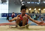 28 October 2017; Wymin Sivakumar of Coláiste an Spioraid Naoimh, Bishopstown, Co Cork, competing in the Intermediate Boys Long Jump at the Irish Life Health All Ireland Schools Combined Events at the AIT Arena in Athlone, Co Westmeath. Photo by Sam Barnes/Sportsfile