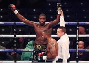 28 October 2017; Lawrence Okolie is declared victorious during his Cruiserweight bout with Adam Williams at the Principality Stadium in Cardiff, Wales. Photo by Stephen McCarthy/Sportsfile