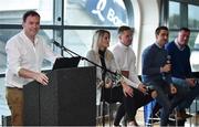 28 October 2017; MC Damian Lawlor leads a session entitled &quot;Becoming A Coach - Stories From The Field&quot; which featured, from left, Juliet Murphy, former Cork Ladies Footballer and Coach, Ciarán Kilkenny, Dublin Footballer and Coach, David Herity, former Kilkenny Hurler and Dublin Camogie Manager and Mick Bohan, Dublin Ladies Football Manager at the #GAAyouth Forum 2017 at Croke Park in Dublin. Photo by Cody Glenn/Sportsfile