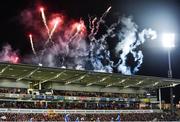 28 October 2017; Fireworks on display as the Ulster team run out ahead of the Guinness PRO14 Round 7 match between Ulster and Leinster at Kingspan Stadium in Belfast. Photo by David Fitzgerald/Sportsfile