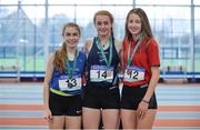28 October 2017; Minor Girls medallists, from left, Ava Coyle of Kinsale Community School, Co Cork, silver, Molly Curran of St Ciaran's, Ballygawley, Co Tyrone, gold, and Katie Nolke of Ursuline Secondary School, Co Waterford, bronze, at the Irish Life Health All Ireland Schools Combined Events at the AIT Arena in Athlone, Co Westmeath. Photo by Sam Barnes/Sportsfile