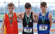 28 October 2017; Minor Boys medallists, from left, Joseph Prendergast of Temple Carrig, Co Wicklow, silver, Harry Nevin of Rochestown College, Co Cork, gold, and Mark Carroll of Nenagh CBS, Co Tipperary, bronze, at the Irish Life Health All Ireland Schools Combined Events at the AIT Arena in Athlone, Co Westmeath. Photo by Sam Barnes/Sportsfile