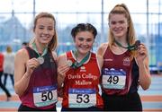 28 October 2017; Senior Girls medallists, from left, Emma Cheshire of St Vincent’s Dundalk, Co Louth, silver, Vickie Cusack of Davis College Mallow, Co Cork, gold, and Laura Cunningham of Pres Athenry, Co Galway, bronze, at the Irish Life Health All Ireland Schools Combined Events at the AIT Arena in Athlone, Co Westmeath. Photo by Sam Barnes/Sportsfile