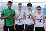 28 October 2017; Junior Boys medallists, from left, Jordan Cunningham of St. Malachy's College, Belfast, Co Down, silver, HIarlaith Golding of St Colmans Claremorris, Co Mayo, gold, Alan Miley of Dunlavin CC, Co Wicklow, bronze, and Eoin Sharkey of St Columbas Glenties, Co Donegal, fourth, at the Irish Life Health All Ireland Schools Combined Events at the AIT Arena in Athlone, Co Westmeath. Photo by Sam Barnes/Sportsfile