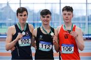 28 October 2017; Intermediate Boys medallists, from left, Ciaran Carthy of St. Michael’s College, Co Dublin, silver, Troy McConville of Craigavon SHS, Co Armagh, gold, and Brian Lynch of Coláiste an Spioraid Naoimh Bishopstown, Co Cork, bronze, at the Irish Life Health All Ireland Schools Combined Events at the AIT Arena in Athlone, Co Westmeath. Photo by Sam Barnes/Sportsfile