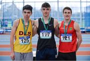 28 October 2017; Senior Boys medallists, from left, Eoin Kenny of De La Salle College, Co Waterford, silver, Brendan Lynch of St. Brigids Loughrea, Co Galway, gold, and Tadhg Murtagh of Gael Colaiste Cill Dara, Co Kildare, at the Irish Life Health All Ireland Schools Combined Events at the AIT Arena in Athlone, Co Westmeath. Photo by Sam Barnes/Sportsfile