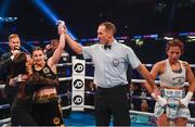 28 October 2017; Referee Steve Gray raises Katie Taylor's hand in victory following her vacant WBA World Female Lightweight Title bout with Anahi Sanchez at the Principality Stadium in Cardiff, Wales. Photo by Stephen McCarthy/Sportsfile