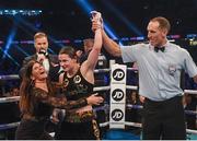 28 October 2017; Referee Steve Gray raises Katie Taylor's hand in victory, as she is congratulated by her mother Bridget Taylor, following her vacant WBA World Female Lightweight Title bout with Anahi Sanchez at the Principality Stadium in Cardiff, Wales. Photo by Stephen McCarthy/Sportsfile