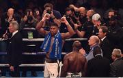 28 October 2017; Anthony Joshua celebrates following his World Heavyweight Title fight with Carlos Takam at the Principality Stadium in Cardiff, Wales. Photo by Stephen McCarthy/Sportsfile