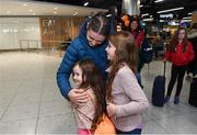 29 October 2017; Newly crowned WBA Female World Lightweight Champion Katie Taylor is greeted by sisters Trudy, age 6, and Anna Lane, age 9, from Ballisodare, Co Sligo, on her arrival at Dublin Airport. Taylor defeated Argentinian Anahi Sanchez for the vacant belt at the Principality Stadium in Cardiff, Wales, on Saturday October 28. Photo by Stephen McCarthy/Sportsfile