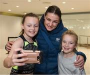 29 October 2017; Newly crowned WBA Female World Lightweight Champion Katie Taylor is greeted by Jenna Dunphy, age 11, and Ruby Butler, age 9, from Waterford City, on her arrival at Dublin Airport. Taylor defeated Argentinian Anahi Sanchez for the vacant belt at the Principality Stadium in Cardiff, Wales, on Saturday October 28. Photo by Stephen McCarthy/Sportsfile