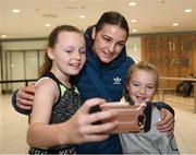 29 October 2017; Newly crowned WBA Female World Lightweight Champion Katie Taylor is greeted by Jenna Dunphy, age 11, and Ruby Butler, age 9, from Waterford City, on her arrival at Dublin Airport. Taylor defeated Argentinian Anahi Sanchez for the vacant belt at the Principality Stadium in Cardiff, Wales, on Saturday October 28. Photo by Stephen McCarthy/Sportsfile