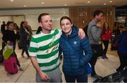 29 October 2017; Newly crowned WBA Female World Lightweight Champion Katie Taylor is greeted by Aaron O'Neill, from Ballybay, Waterford, on her arrival at Dublin Airport. Taylor defeated Argentinian Anahi Sanchez for the vacant belt at the Principality Stadium in Cardiff, Wales, on Saturday October 28. Photo by Stephen McCarthy/Sportsfile