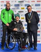 29 October 2017; Race Director Jim Aughney and The Lord Mayor of Dublin Mícheál MacDonncha presents Patrick Monahan with his first placed award following the SSE Airtricity Dublin Marathon 2017 at Merrion Square in Dublin City. 20,000 runners took to the Fitzwilliam Square start line to participate in the 38th running of the SSE Airtricity Dublin Marathon, making it the fifth largest marathon in Europe. Photo by Ramsey Cardy/Sportsfile