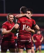 3 November 2017; Darren Sweetnam of Munster celebrates with teammate Alex Wootton after scoring his side's fourth try during the Guinness PRO14 Round 8 match between Munster and Dragons at Irish Independent Park in Cork. Photo by Eóin Noonan/Sportsfile