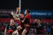 3 November 2017; Jack O'Donoghue and Darren Sweetnam of Munster in action against Jared Rosser of Dragons during the Guinness PRO14 Round 8 match between Munster and Dragons at Irish Independent Park in Cork. Photo by Matt Browne/Sportsfile