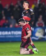 3 November 2017; Sam Arnold of Munster celebrates after scoring his side's fifth try during the Guinness PRO14 Round 8 match between Munster and Dragons at Irish Independent Park in Cork. Photo by Eóin Noonan/Sportsfile