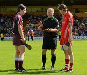 18 August 2012; Referee Alan Lagrue with Galway captain Ann-Marie Hayes and Cork captain Pamela Mackey. All-Ireland Senior Camogie Championship Semi-Final, Cork v Galway, Nowlan Park, Kilkenny. Picture credit: Matt Browne / SPORTSFILE