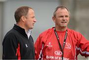 23 August 2012; Ulster head coach Mark Anscombe, right, and Director of Rugby David Humphreys during squad training ahead of their pre-season friendly against Newcastle Falcons on Friday. Ulster Rugby Squad Training, Ravenhill Park, Belfast, Co. Antrim. Picture credit: Oliver McVeigh / SPORTSFILE