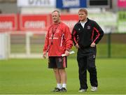 23 August 2012; Ulster head coach Mark Anscombe, left, with assistant coach Johnny Bell during squad training ahead of their pre-season friendly against Newcastle Falcons on Friday. Ulster Rugby Squad Training, Ravenhill Park, Belfast, Co. Antrim. Picture credit: Oliver McVeigh / SPORTSFILE