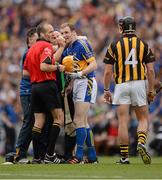 19 August 2012; Referee Cathal McAllister speaks to Lar Corbett, Tipperary, and Jackie Tyrrell early in the game. GAA Hurling All-Ireland Senior Championship Semi-Final, Kilkenny v Tipperary, Croke Park, Dublin. Picture credit: Ray McManus / SPORTSFILE