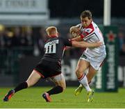 24 August 2012; Craig Gilroy, Ulster, is tackled by Tom Catterick, Newcastle Falcons. Pre-Season Friendly, Ulster v Newcastle Falcons, Ravenhill Park, Belfast, Co. Antrim. Picture credit: Oliver McVeigh / SPORTSFILE