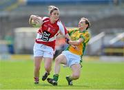 25 August 2012; Ciara O'Sullivan, Cork, in action against Orlagh Carr, Donegal. TG4 All-Ireland Ladies Football Senior Championship Quarter-Final, Cork v Donegal, Dr. Hyde Park, Co. Roscommon. Picture credit: Barry Cregg / SPORTSFILE