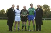 30 October 2002; Garda Commissioner Pat Byrne, left, John Keane, Garda Siochana team captain, Referee Senan Finucane, Damian Tucker, PSNI team captain and Chief Constable of the Police Service of Northern Ireland, Hugh Orde, pictured before a representative Gaelic Football match between An Garda Siochana and the Police Service of Northern Ireland at the Westmanstown Sports Centre, Westmanstown, Co. Dublin. Picture credit; Brendan Moran / SPORTSFILE *EDI*