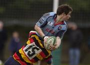 16 November 2002; Greg Mitchell, Belfast Harlequins, is tackled by Lansdowne's Brian O'Mahony. Lansdowne v Belfast Harlequins, AIB League Division 1, Lansdowne Road, Dublin. Rugby. Picture credit; Damien Eagers / SPORTSFILE *EDI*