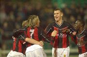 21 November 2002; Bobby Ryan, 7, Bohemians, celebrates his goal against Derry City with team-mates Paul Keegan, left, Stephen Caffrey and Mark Rutherford. Derry City v Bohemians, eircom League of Ireland, Premier Division, Brandywell, Derry. Soccer. Picture credit; Matt Browne / SPORTSFILE *EDI*