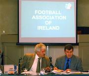 29 November 2002;  Milo Corcoran, FAI president, left, chats with Kevin Fahy, Honorary Treasurer before the start of the National Council Meeting, Ballymascanlon Hotel, Dundalk, Co. Louth. Soccer. Picture credit; David Maher / SPORTSFILE *EDI*