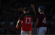 29 October 2017; Mikey Drennan of James Stephens, left, and Michael Fagan of Dicksboro use their hurls to shield their eyes from the sun during the Kilkenny County Senior Hurling Championship Final match between Dicksboro and James Stephens at Nowlan Park in Kilkenny. Photo by Ray McManus/Sportsfile