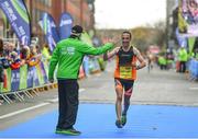 29 October 2017; Peter Mooney finishes 19th in the SSE Airtricity Dublin Marathon 2017 in Dublin City. 20,000 runners took to the Fitzwilliam Square start line to participate in the 38th running of the SSE Airtricity Dublin Marathon, making it the fifth largest marathon in Europe. the SSE Airtricity Dublin Marathon 2017 at Merrion Square in Dublin City. 20,000 runners took to the Fitzwilliam Square start line to participate in the 38th running of the SSE Airtricity Dublin Marathon, making it the fifth largest marathon in Europe. Photo by Sam Barnes/Sportsfile