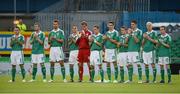 15 August 2012; The Northern Ireland team during a minutes applause for the former Northern Ireland international Alan McDonald. Vauxhall International Challenge Match, Northern Ireland v Finland, Windsor Park, Belfast, Co. Antrim. Picture credit: Oliver McVeigh / SPORTSFILE