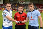 5 August 2012; Referee Derek O'Mahoney along with Monaghan captain Padraic Keenan, left, and Dublin captain David Byrne. Electric Ireland GAA Football All-Ireland Minor Championship Quarter-Final, Dublin v Monaghan, Páirc Esler, Newry, Co. Down. Picture credit: Oliver McVeigh / SPORTSFILE