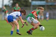 25 August 2012; Niamh Kelly, Mayo, in action against Therese McNally, Monaghan. TG4 All-Ireland Ladies Football Senior Championship Quarter-Final, Mayo v Monaghan, Dr. Hyde Park, Co. Roscommon. Picture credit: Barry Cregg / SPORTSFILE