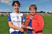 25 August 2012; Cathriona McConnell, Monaghan, receives the Player of the Match Award from President of Connacht Ladies Football Kathleen Kane. TG4 All-Ireland Ladies Football Senior Championship Quarter-Final, Mayo v Monaghan, Dr. Hyde Park, Co. Roscommon. Picture credit: Barry Cregg / SPORTSFILE