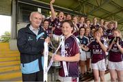 25 August 2012; Brian Enright, President of the Munster Ladies Gaelic Football Association, presents the cup to Galway captain Eimile Gavin. All Ireland U16 ‘A’ Championship Final, Cork v Galway, MacDonagh Park, Nenagh, Co. Tipperary. Picture credit: Matt Browne / SPORTSFILE