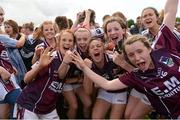 25 August 2012; Galway players, from left, Olivia Divilly, Roisin Holland, Ailbhe Mahoney, Megan Kelly and Emma Reaney celebrate after the game. All Ireland U16 ‘A’ Championship Final, Cork v Galway, MacDonagh Park, Nenagh, Co. Tipperary. Picture credit: Matt Browne / SPORTSFILE