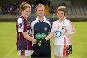 25 August 2012; Galway captain Eimile Gavin, left, and Cork captain Marie Ambrose shake hands infront of referee Garryowen McMahon before the start of the game. All Ireland U16 ‘A’ Championship Final, Cork v Galway, MacDonagh Park, Nenagh, Co. Tipperary. Picture credit: Matt Browne / SPORTSFILE