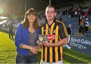 25 August 2012; Ger Aylward, Kilkenny, is presented with the Bord Gáis Energy Man of the Match award by Irene Gowing, Sponsorship Manager at Bord Gáis Energy. Bord Gáis Energy GAA Hurling Under-21 All-Ireland Championship Semi-Final, Galway v Kilkenny, Semple Stadium, Thurles, Co. Tipperary. Picture credit: Diarmuid Greene / SPORTSFILE