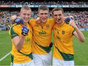 26 August 2012; Meath players Brian Power, left, Adam Flanagan, Shane McEntee, right, celebrate after the game. Electric Ireland GAA Football All-Ireland Minor Championship Semi-Final, Meath v Mayo, Croke Park, Dublin. Picture credit: Dáire Brennan / SPORTSFILE
